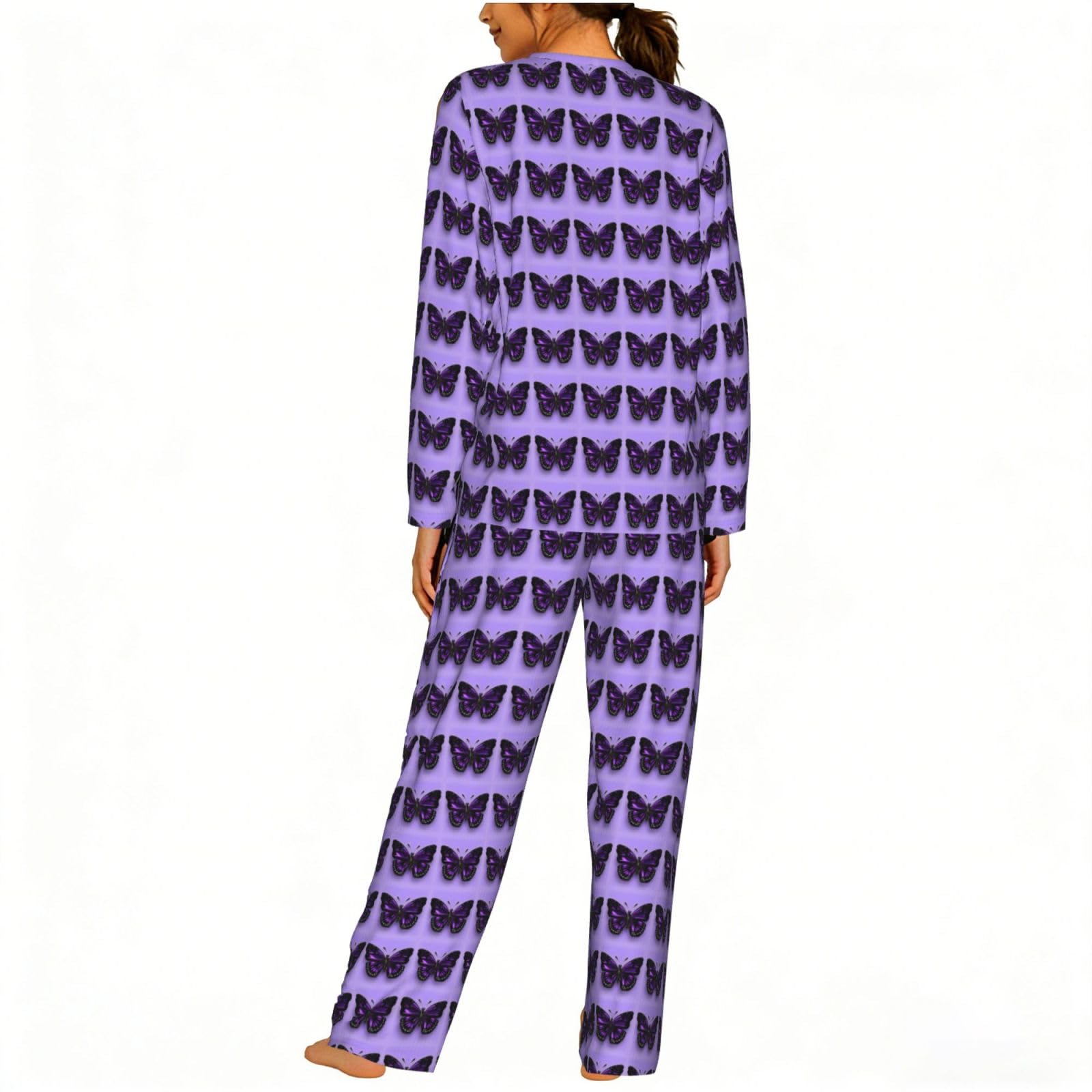 Dreamlike Viola Farfalla Stampa Donna Manica Lunga Pigiama Abbinamento Quotidiano Confortevole Loungewear Abiti Da Notte