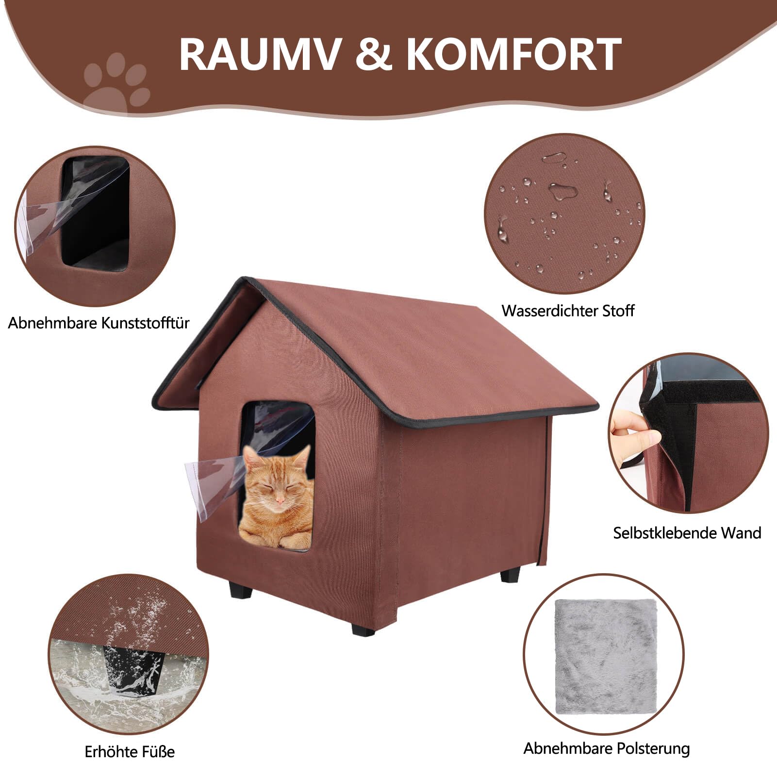 Caseta para gatos al aire libre, impermeable, con suelo elevado y cojín extraíble, plegable, para exteriores, casa de invierno para gatos salvajes y perros pequeños, color marrón
