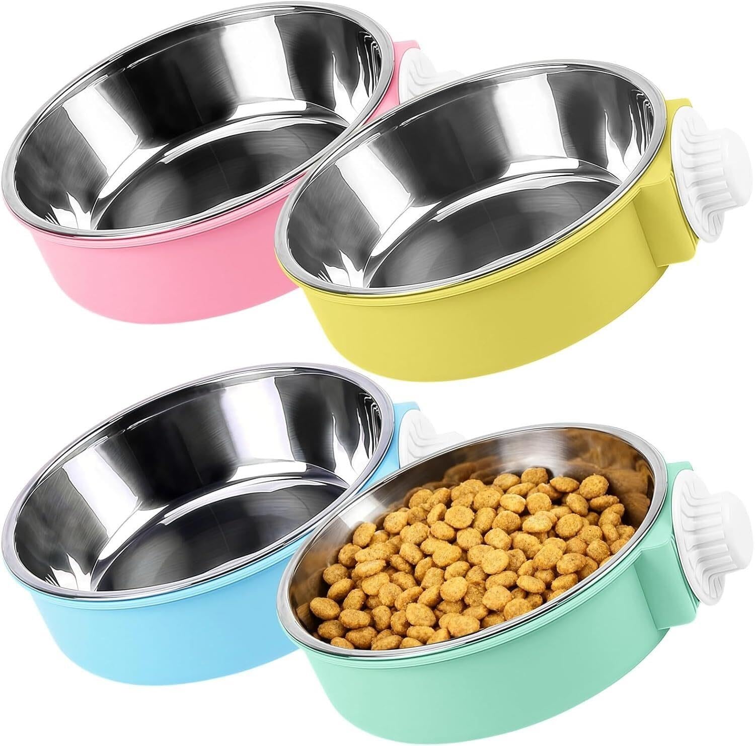 4 Stück Hundekäfig-Wassernapf, hängender, anbringbarer Futterspender aus Edelstahl, Abnehmbarer, auslaufsicherer Napf for Hundehütten, Mehrfarbig, leicht zu reinigendes Design