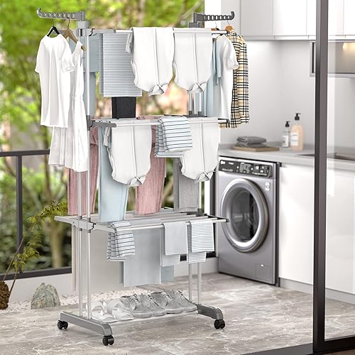 Miniatura 4 de Winyousk Tendedero de secado de ropa de calidad 2023, estante móvil de lavandería de 4 niveles, tendedero de secado con ruedas, ropa de secado para