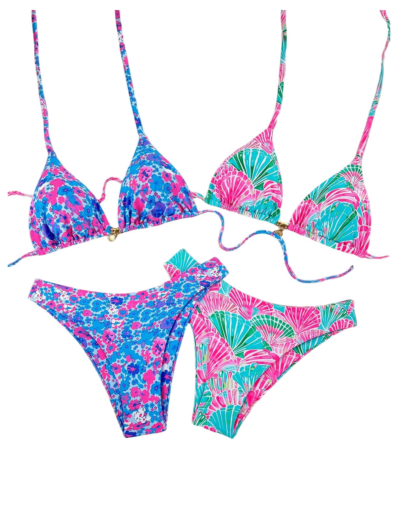 Damski 4-częściowy Zestaw Bikini Kwiatowy Strój Kąpielowy Typu Halter Trójkątny Z Wysokim Wycięciem Wielokolorowy Średni