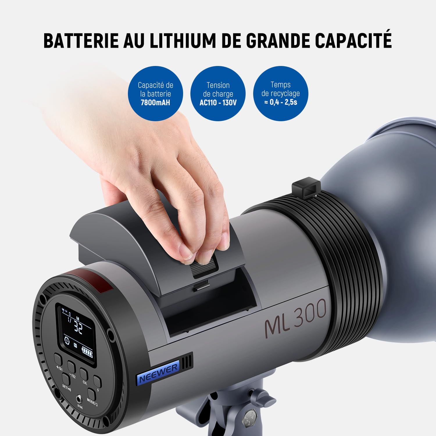 NEEWER ML300 300W GN60 Studio Extérieur Flash Alimenté par Batterie Monolight Déclencheur sans Fil 2,4 GHz, 1000 Flashs Pleine Puissance, Temps de Recyclage 0,4-2,5s, Monture, Pack de 2 Batteries