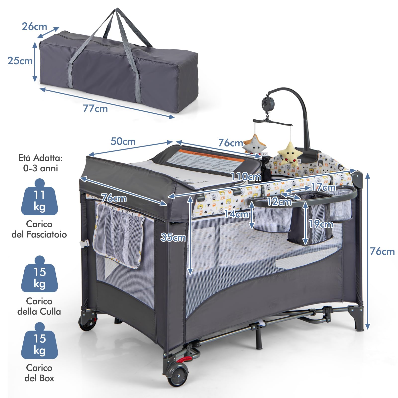 GYMAX Lettino Culla Fianco Letto, con Fasciatoio, Morbido Cuscino, Giocattoli Appesi e Spazio di Stoccaggio, Regolabile in Altezza, Box per Neonato, 2 Ruote e Borsa per Viaggio (Grigio e Giallo)