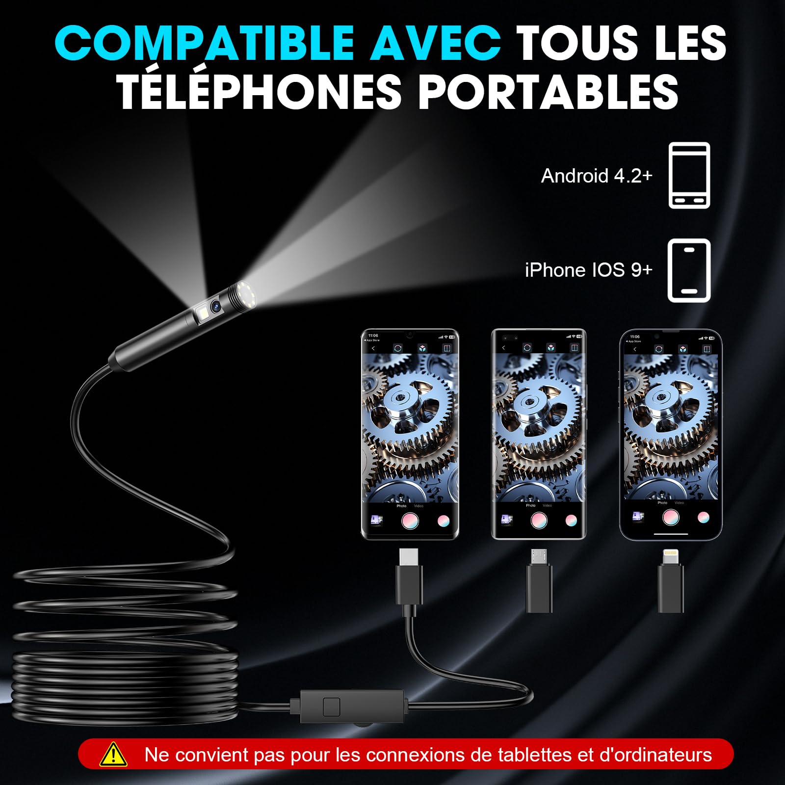 Caméra d'inspection Endoscopique 1920 HD Serpent, Borescope à Double Lentille avec 8+1 Lampes LED RéGlables Endoscope Type-C pour Smartphones Android et iOS(16.4Ft/5M)
