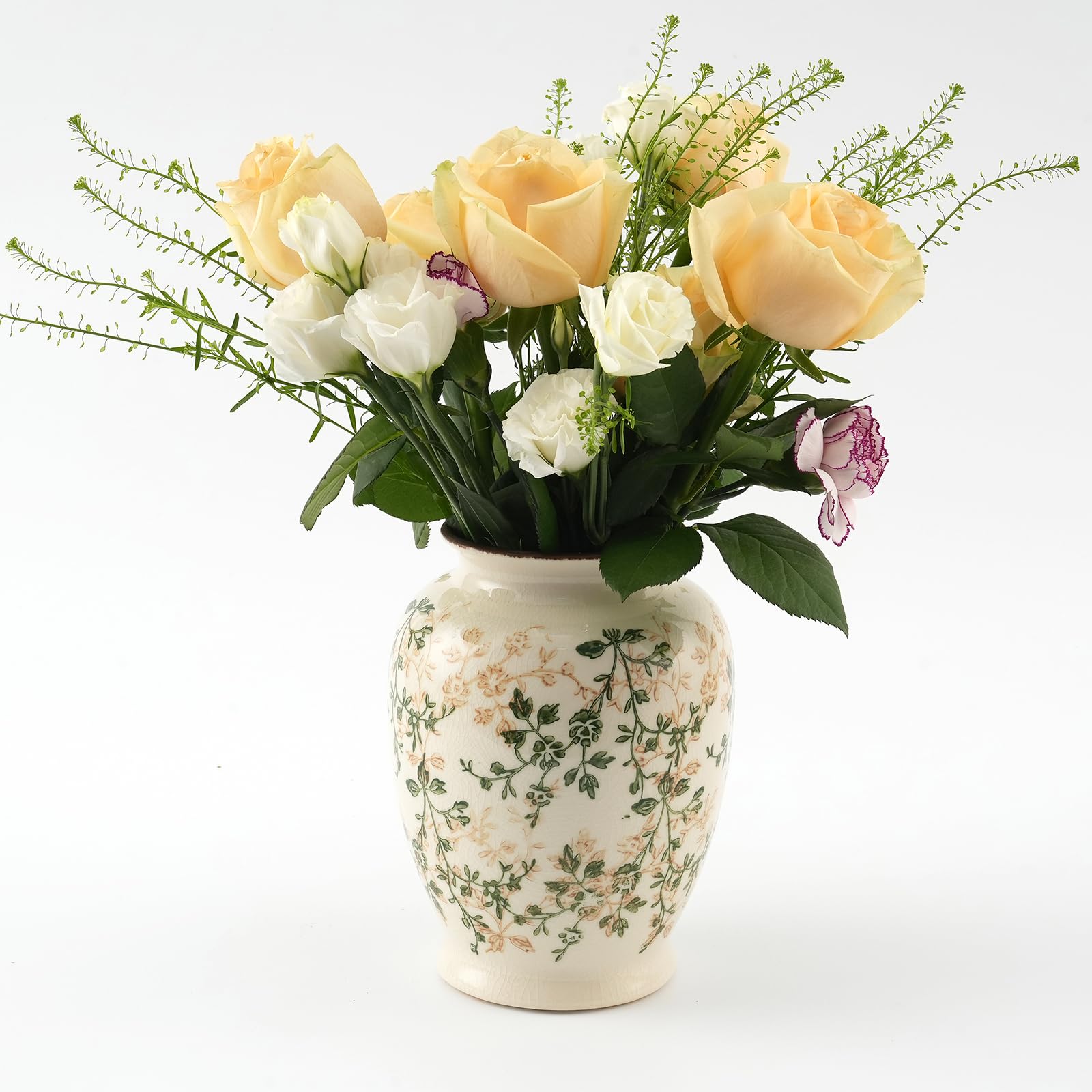 陶器の花瓶、直径15cm、高さ20cm、ビンテージグリーンとベージュの花瓶、レトロな氷が家庭の装飾のためのを割れた、リビングルーム、本棚、オフィス、壮大なミレニアム装飾、素朴なテーブルセンターピース