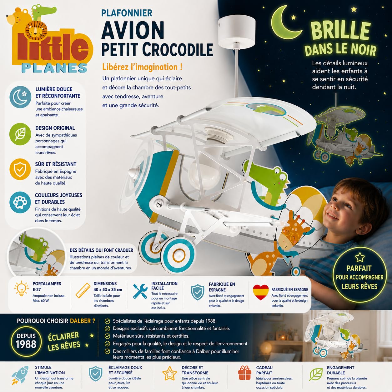 Dalber Lustre Chambre Lampe Suspension Enfant Avion Crocodile Blanc Animaux E27 15W LED