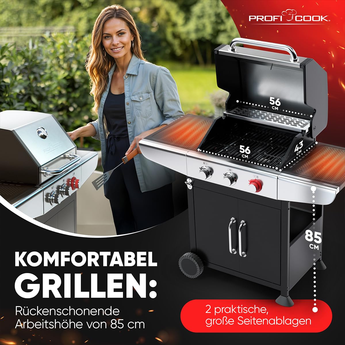 ProfiCook® Gasgrill für Temperaturen bis zu 400°C | mit Power-Zone | Roste aus echtem Gusseisen | Gasgrill 3 Brenner | Temperaturanzeige | Flaschenöffner | 3 Brenner | Balkon | PC GG 1310