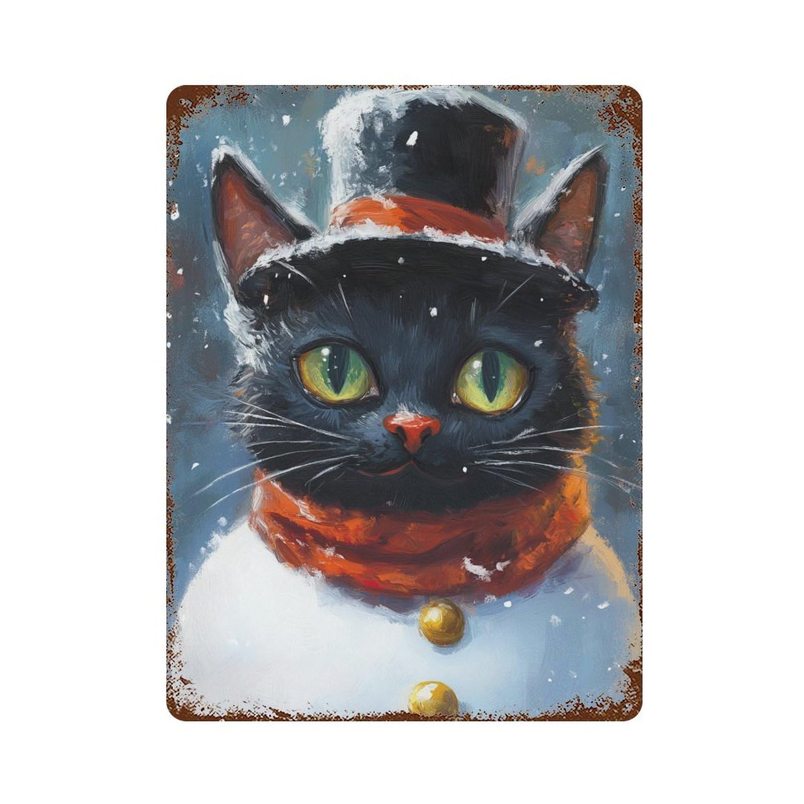 Rust Effect Winter Wonderland Cat Decorative Tin Sign 15.7"x11.8", Classic Wall Plaque for Pub, Kitchen And Man Cave Decor