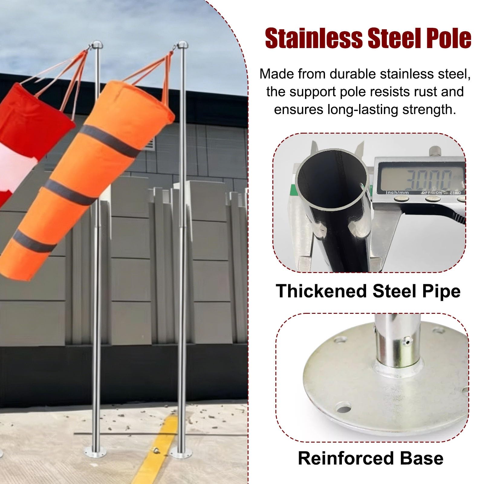 Manga de Viento Manga de Viento para Exteriores con Mástil de 180 cm, Indicador de Viento Reflectante de Tejido Oxford, Kit de Mástil para Manga de Viento con Rotación Libre(Red,1.5 m (4.9 ft))
