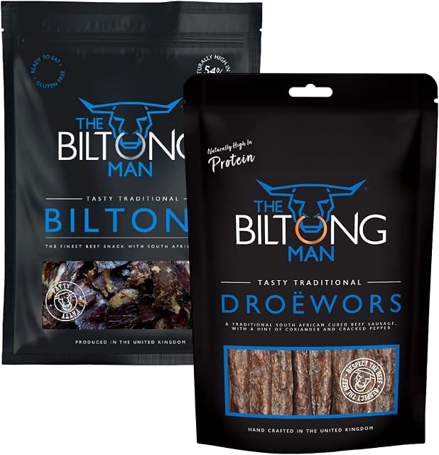 The Biltong Man I Tasty Traditional Fatty Beef Biltong & Droëwors Sticks Combo I Healthy High Protein Dried Beef and Sausage Snack I Low calorie, Gluten-free & Keto-friendly, 2 x 250 Gram Packs