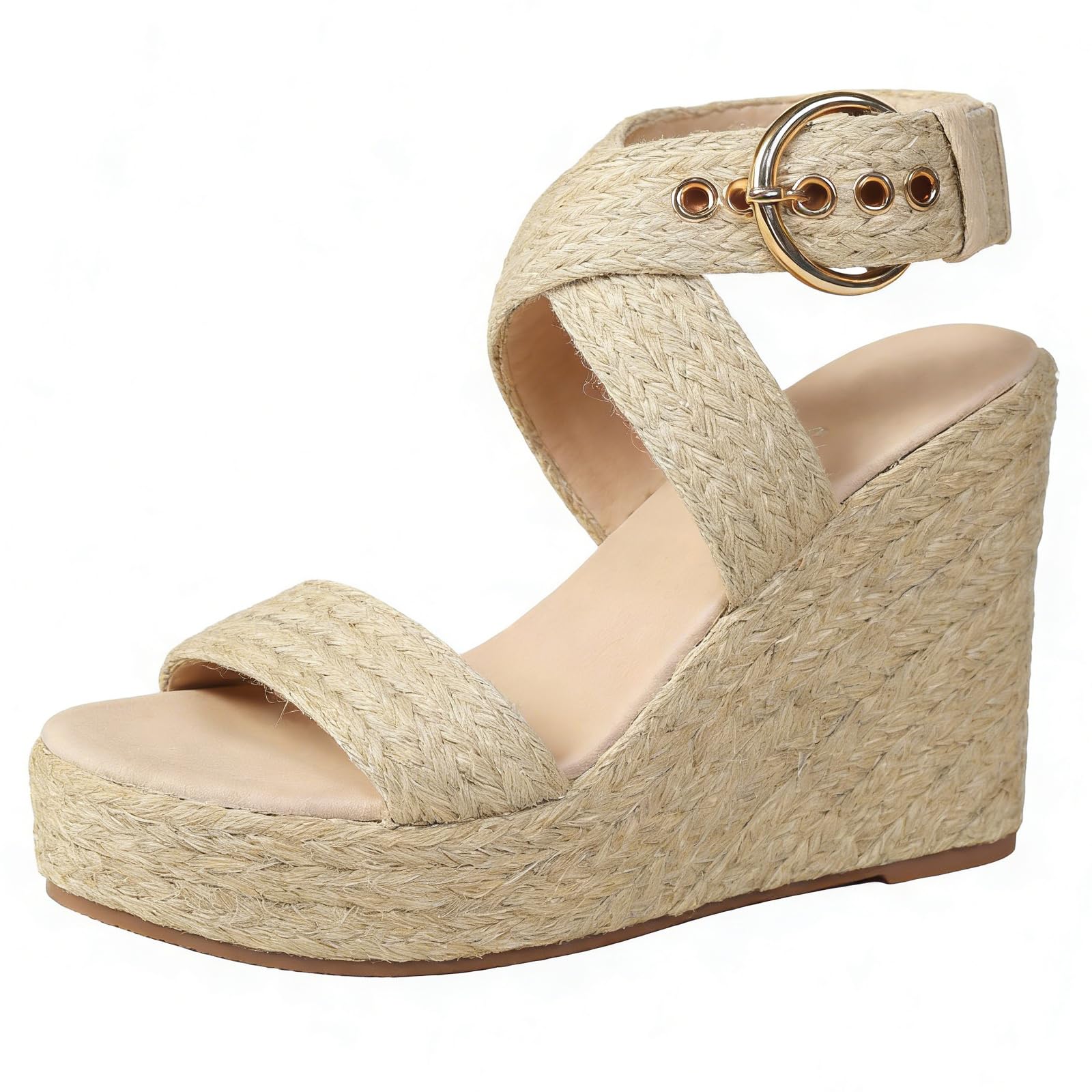 Sandalias con cuña de yute para mujeres Zapatos de plataforma bohemios con suela gruesa Diseño de tiras cruzadas de yute 11cm Vacaciones en la playa descanso paseo