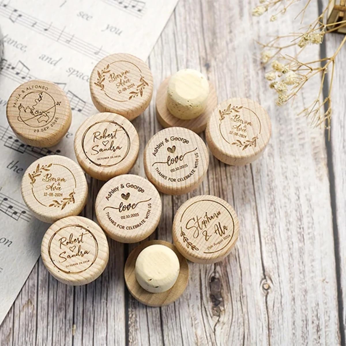 Tapones personalizados para botellas de vino de madera grabados con láser, tapón de corcho para recuerdos de boda, fiesta para invitados (100 unidades)