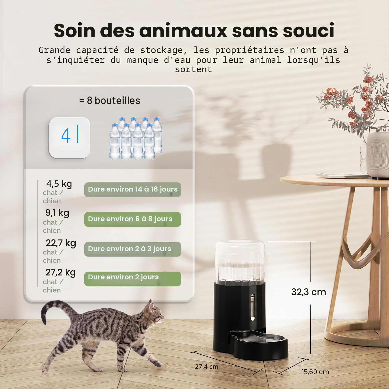 JUNSPOW Distributeur d'eau pour Animaux 4L avec Bol en Acier Inoxydable, Distributeur Automatique d'eau par gravité pour Chats, fenêtre Visible, sûr et débranché pour Les Animaux de Compagnie, Noir