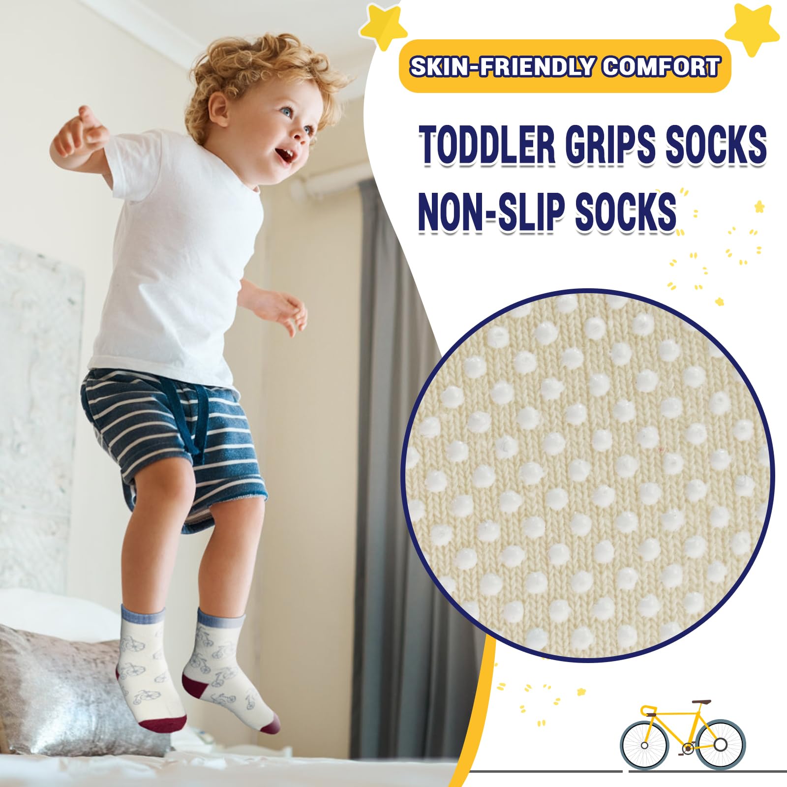 HYCLES Anti Slip Toddler Socks, 12 Pairs Non-Skid Cotton Grip Kid Socks for 1-7T Boy Girl 6-12 Month Baby, F.car&bear Style, 5-7 Years 1