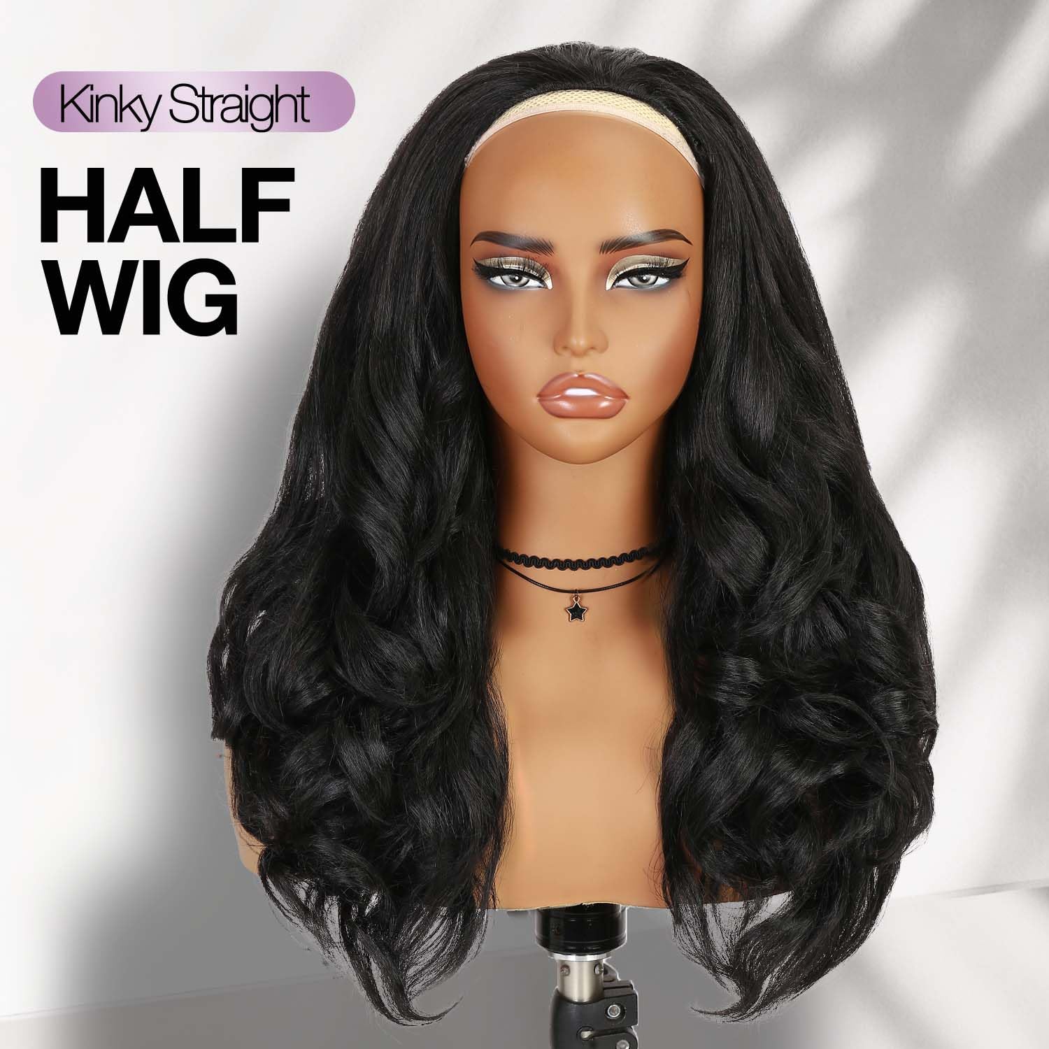 FANCEE Yaki Curly Half Wig Loose Curly Synthetic Kinky Straight Wig With Curly End for Black Women DIY Hair Style (Black, 22)