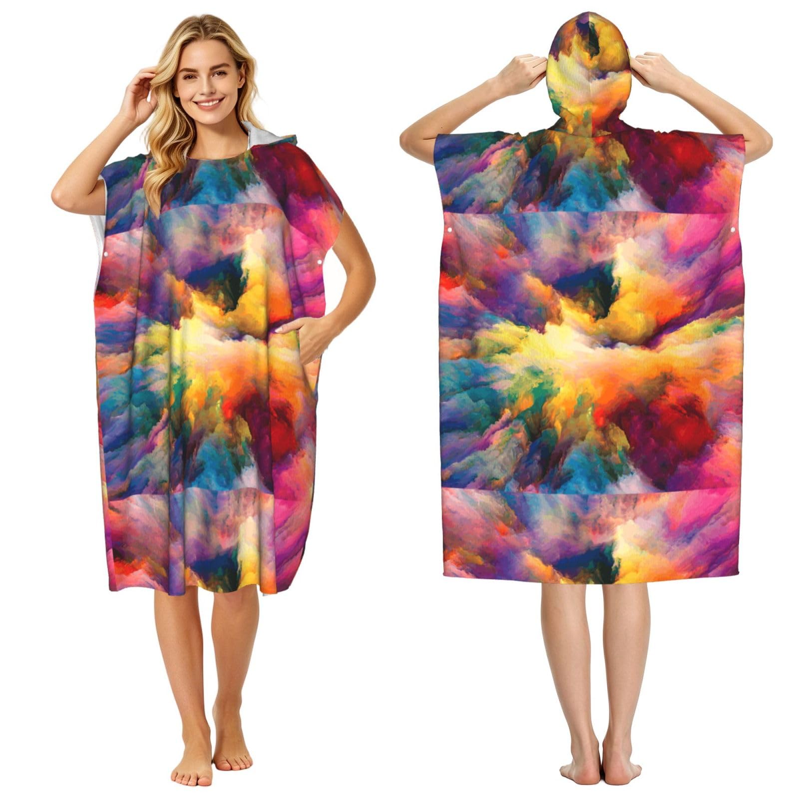 Poadnly Multi Coloured Cloud Explosion, Adult Hooded Beach Towel 90 x 110 cm,Changing Bath Robe, Surf Poncho Towel For Women Men