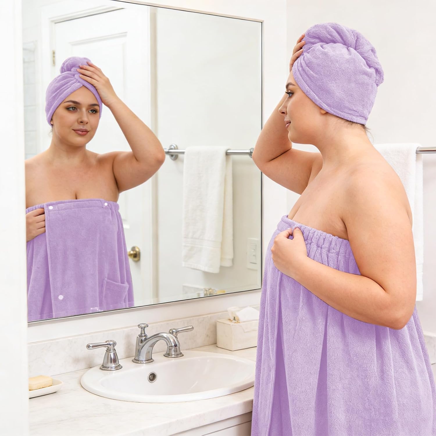 Women’s Plus Size Towel Wrap with Hair Towel (XXL-XXXXL), Oversized Shower Body Wrap Bathrobe, Soft Quick-Dry Hair Drying Towel for Spa Use Light Purple (Light Purple)