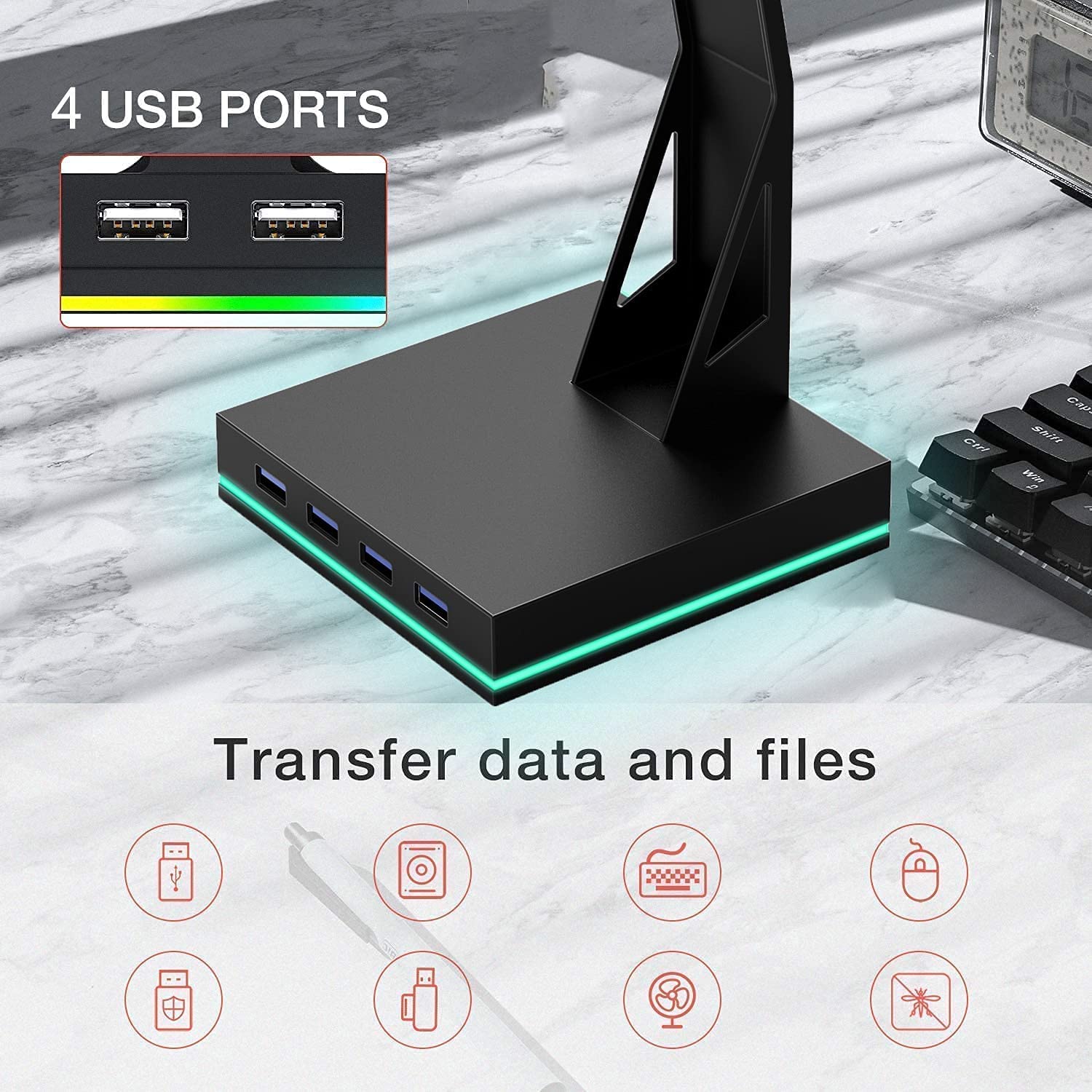 Supporto per cuffie con 4 porte USB 2.0, supporto da gioco RGB per accessori per PC da gioco, organizza e visualizza cuffie, ideale per i giocatori