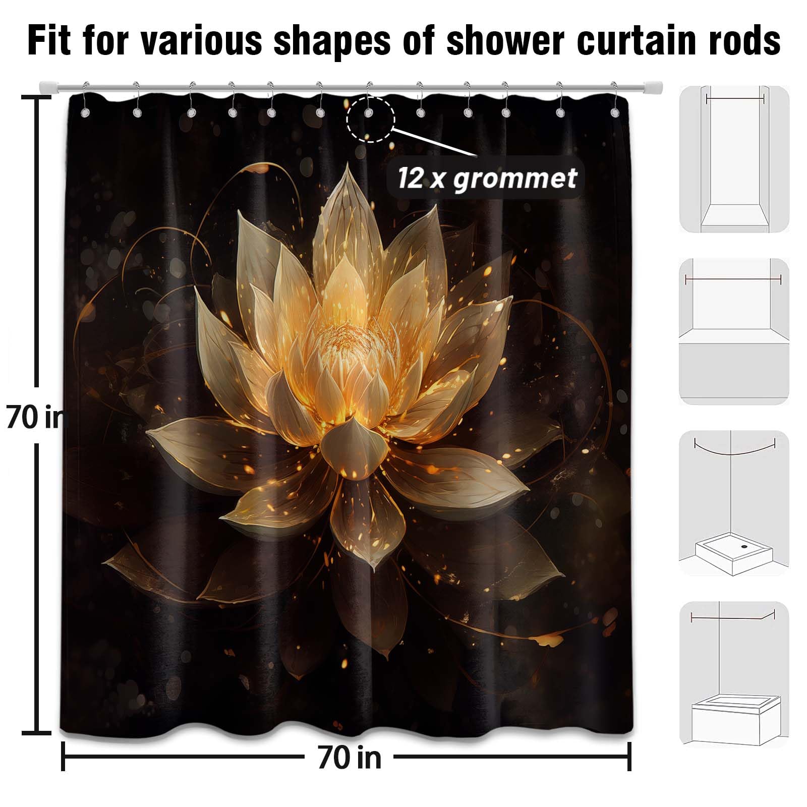 LanZanthic Lotus Shower Curtains for Bathroom Black and Gold Floral Spa Zen Wet Room Shower Curtain with hooks - Image 4