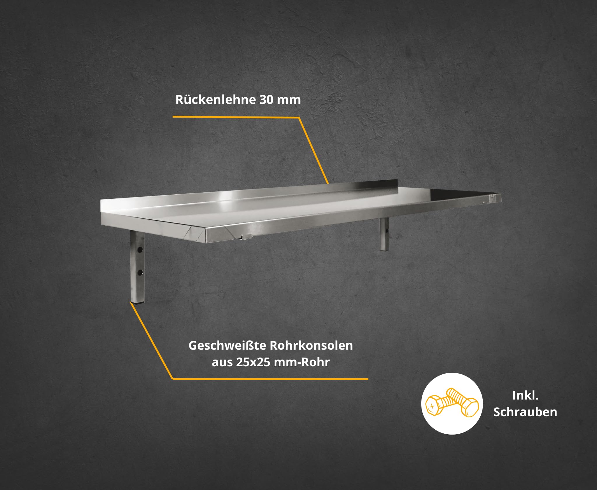 L2G - Wandregal - Edelstahlkonstruktion - Aufkantung 30 mm - Geschweißte Halterung aus Rohrstahl 25 x 25 mm - L.1200 x B.300 mm - Gesamthöhe 250 mm