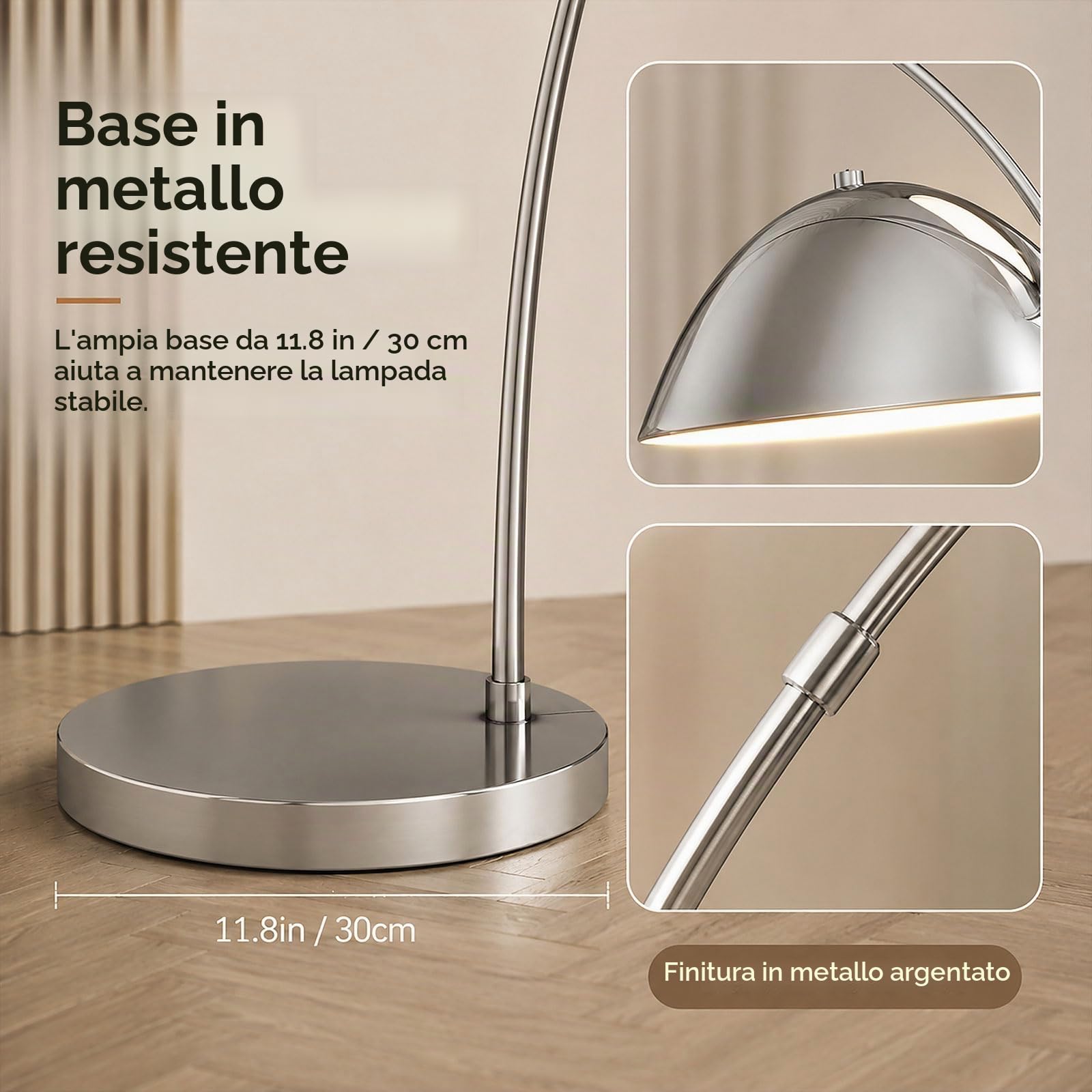 Lampada da terra ad arco per soggiorno, lampada da terra regolabile in altezza, lampada da terra in metallo nero lucidato, lampada da lettura alta e moderna con base in marmo