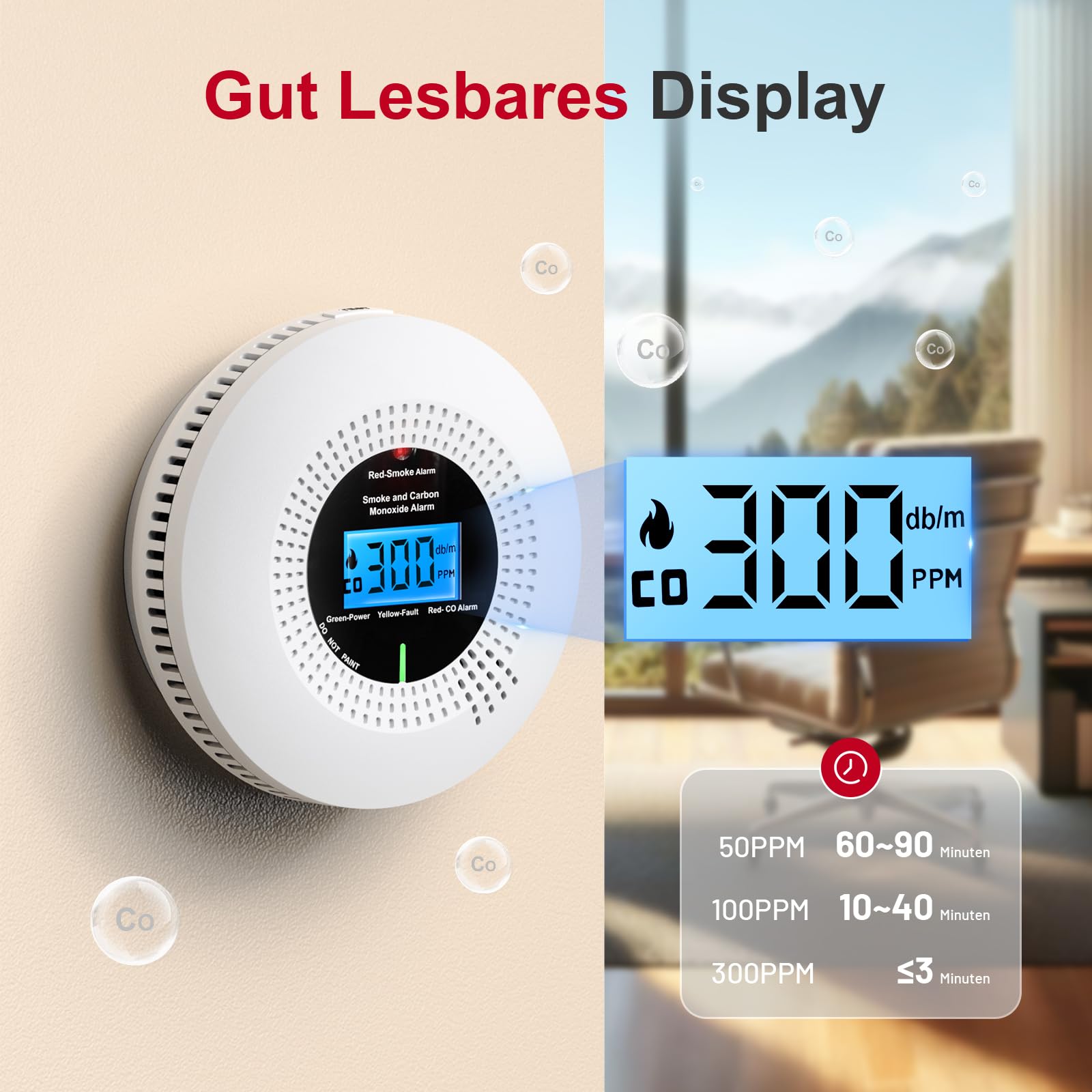 PHYSEN 2 in 1 WLAN Rauch und CO Melder, Rauchmelder und Kohlenmonoxidmelder mit Hochpräzise LCD-Digitalanzeige, Prüftaste und Austauschbare Batterie, EN14604 & EN50291 Standard Zertifiziert, 1St