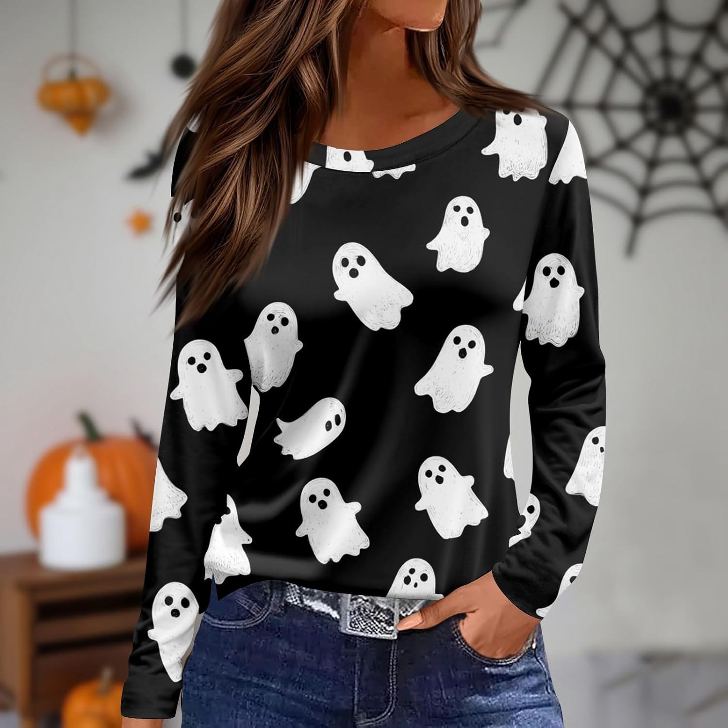 Halloween Shirts for Women Long Sleeve Crewneck Casual Dressy Tops Funny Graphic Halloween Costumes Fall Fashion Outfits - Image 2