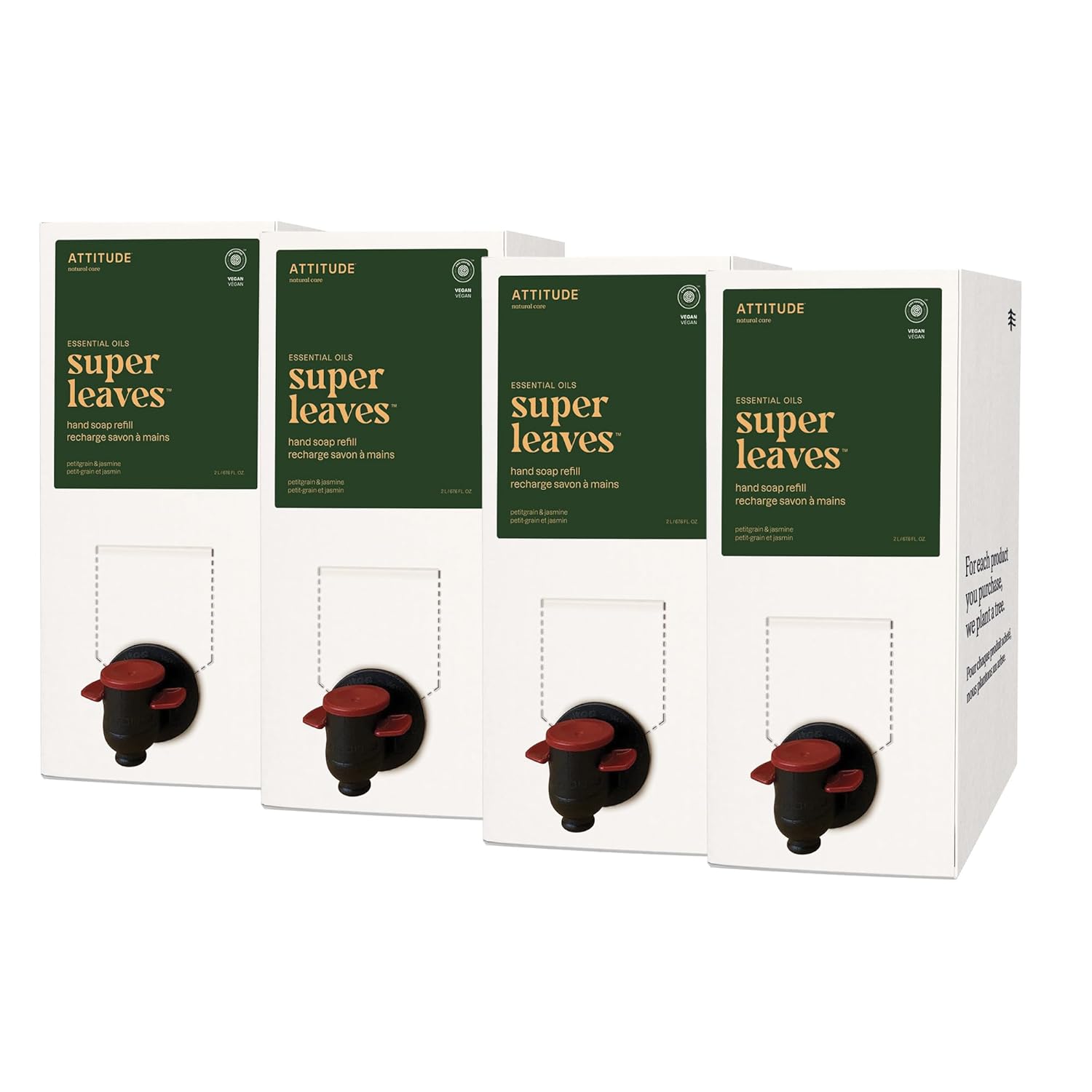 ATTITUDE Hand Soap with Essential Oils, EWG Verified, Plant and Mineral-Based Ingredients, Vegan Products, Bulk Refill, Petitgrain and Jasmine, 67.62 Fl Oz (Pack of 4)