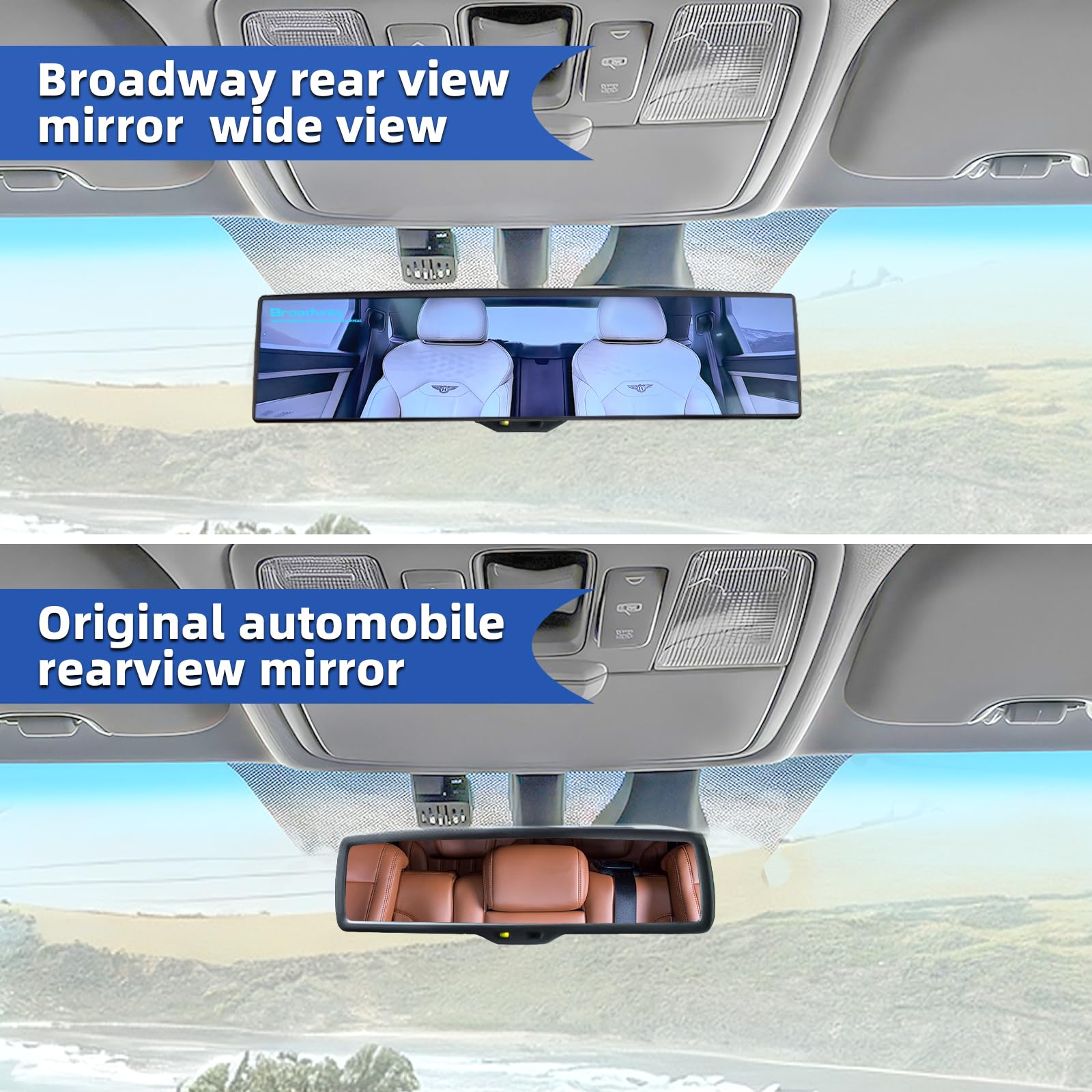 Broadway - Espejo retrovisor para coche, gran angular, panorámico, antirreflejos, accesorios universales para interior de coche, espejo convexo para coche, SUV, camiones.