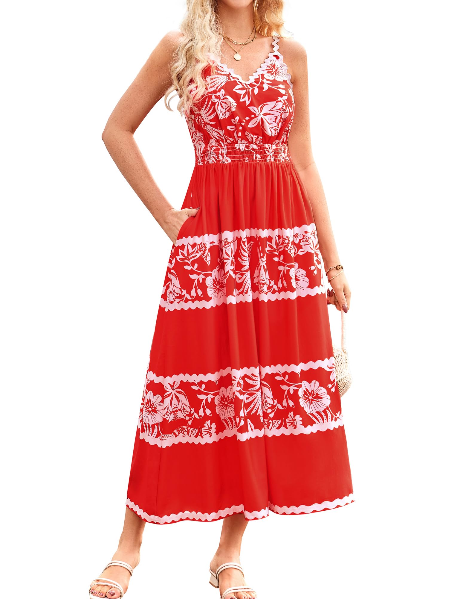 GRACE KARIN Women Summer Boho Dress 2025 Spaghetti Strap V Neck Smocked Ruffle Flowy Beach Maxi Dress with Pockets