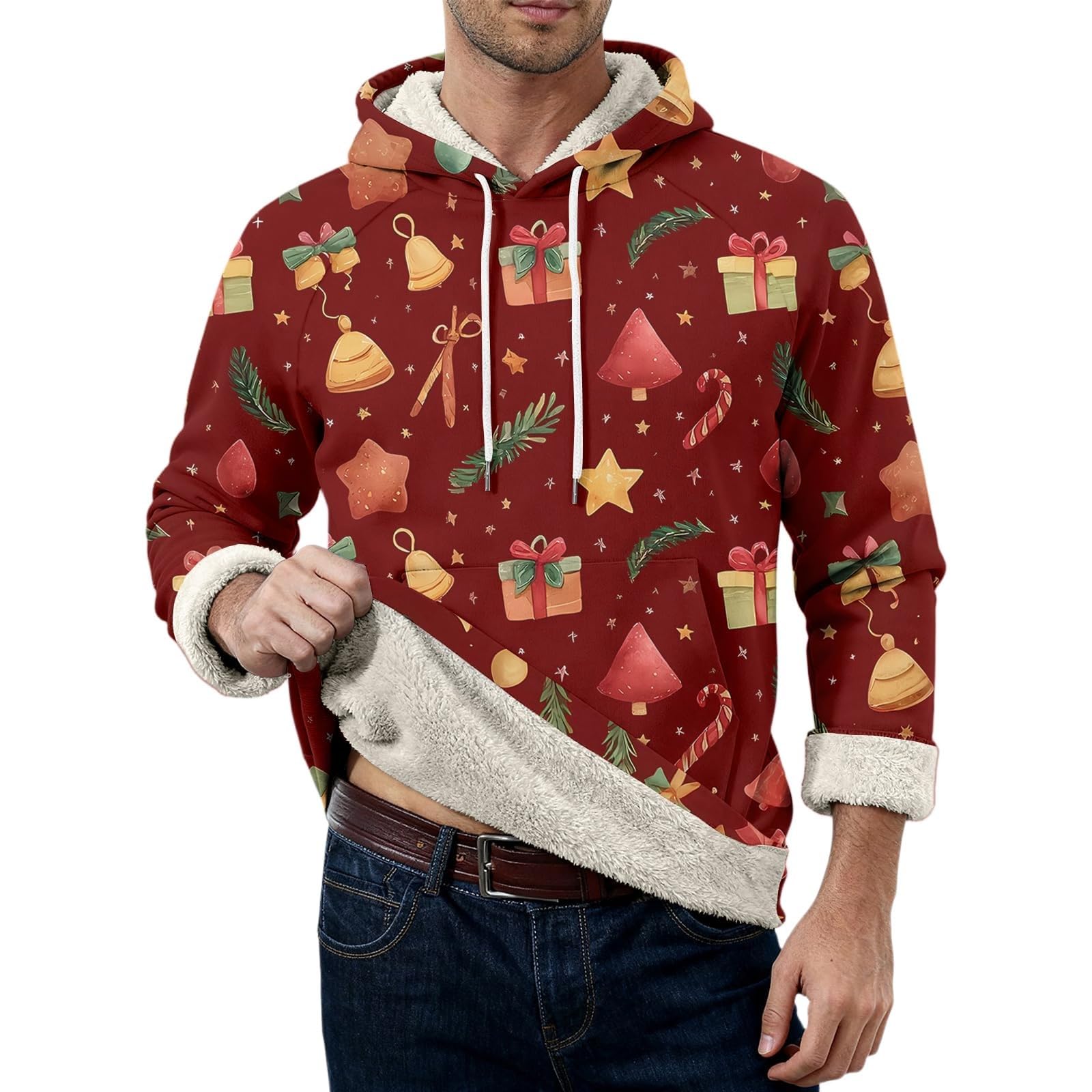 Sudaderas con capucha de Navidad forradas de forro polar para hombre divertidos renos árbol de Navidad sudaderas oversize de manga larga top cálido sherpa suéter novedad traje de Navidad ropa de