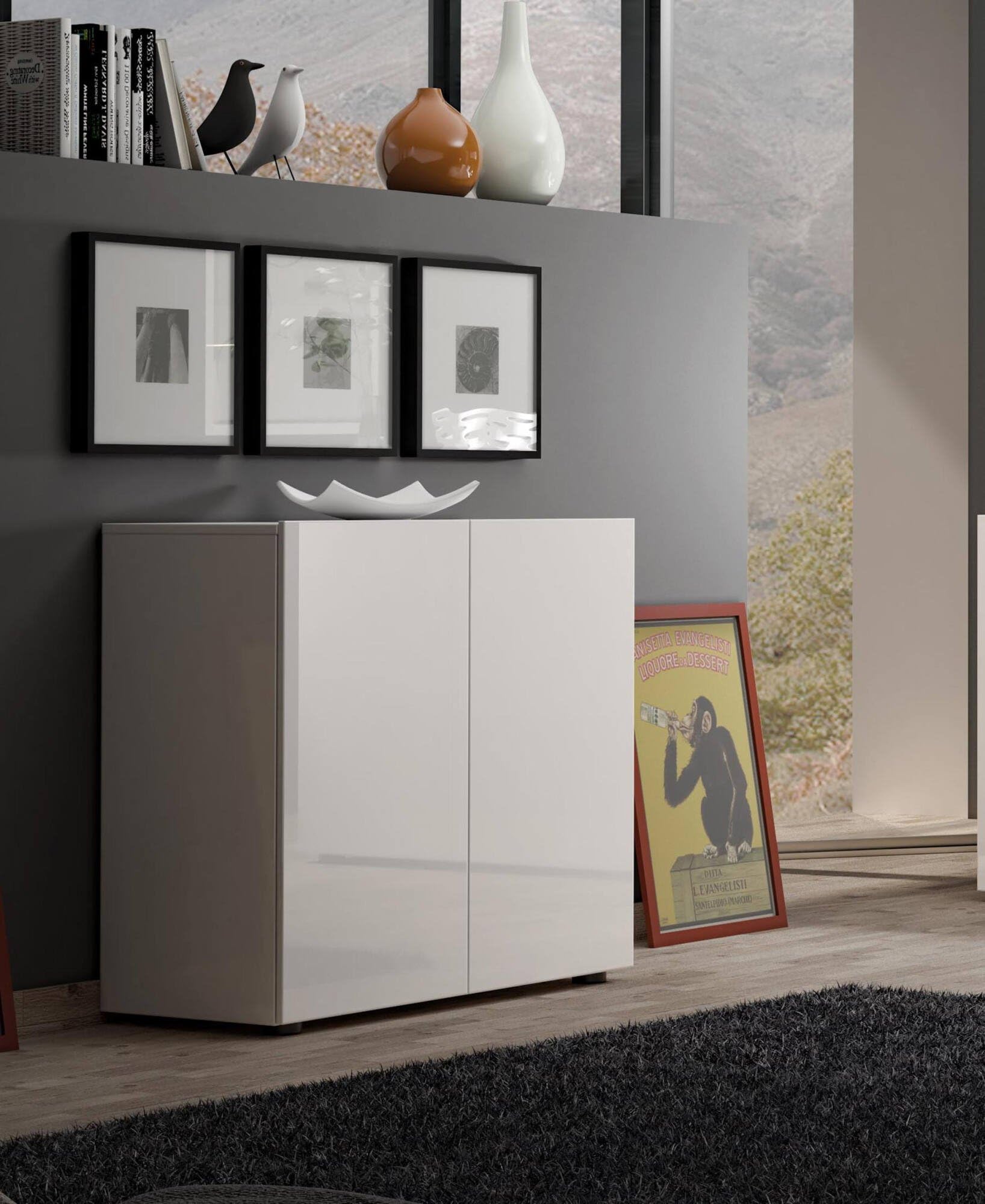 Dmora - Credenza Abeba, Buffet da soggiorno, Madia da salotto, Dispensa da cucina, Made in Italy, 90x38h79 cm, Bianco lucido