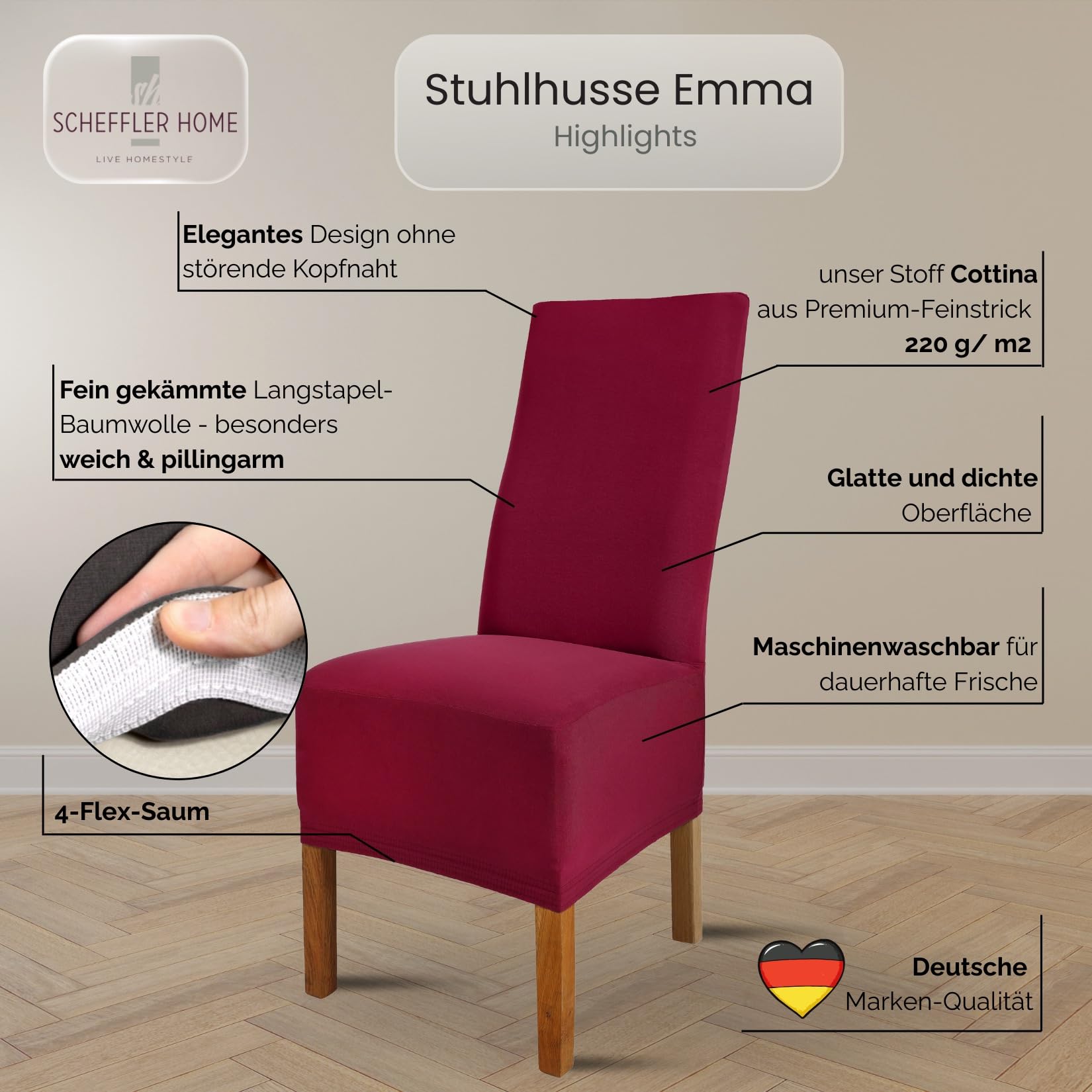 SCHEFFLER-Home Coprisedie Emma/Set di 2 Copri Sedie da Pranzo Elastici/Sedie da Pranzo/Coprisedie Elasticizzato in Cotone con Fascia Elastica/Coprisedie Eleganti, Bordeaux