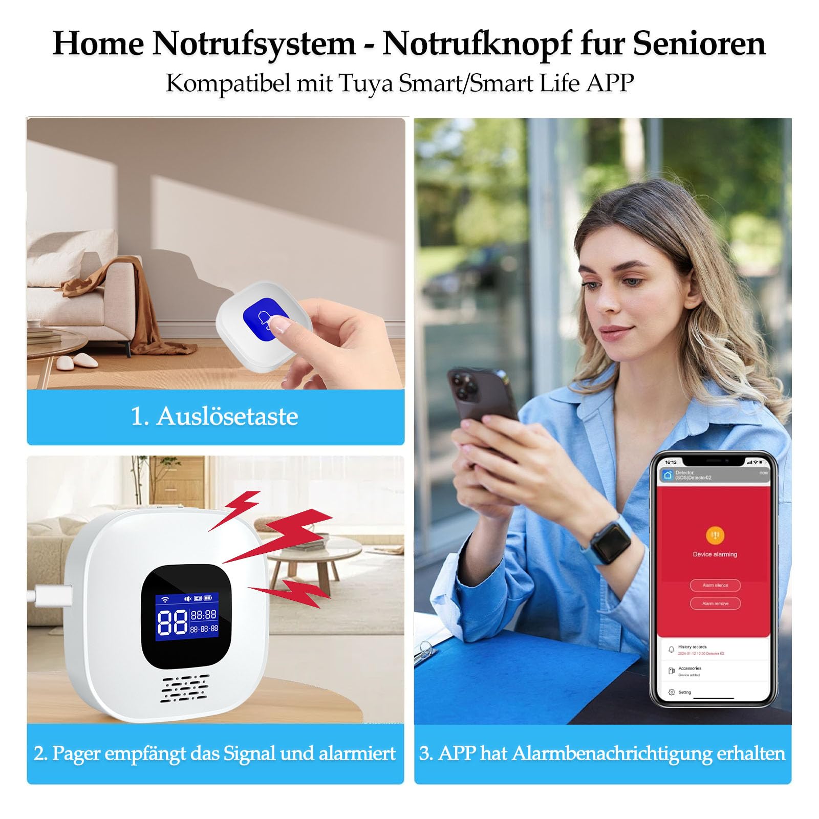 Salvavita Anziani, Pulsante Salvavita Anziani WiFi, App Tuya Smart/Smart Life per Ricevere Notifiche da Remoto, Adatto ad Anziani, Malati, Disabili, Bambini (1 Ricevitore + 3 SOS Pulsante)