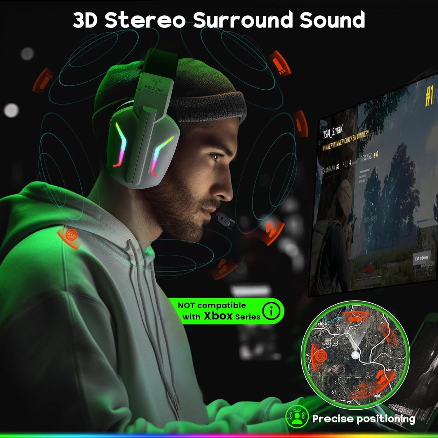 WESEARY Gaming Headset Wireless mit Mikrofon für PS5, PS4, PC, Switch, Smartphone, Mac, Laptop, 2,4 GHz & Bluetooth Kopfhörer mit Noise Cancelling Mikrofon, 50H Akku, LED-Licht, Surround Sound