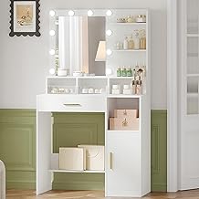 Hzuaneri Dressing Table with Mirror and 10 LED Lights, Vanity Table, Makeup Vanity with 3 Shelves & 4 Open Compartments, Large Drawer & Cabinet, Adjustable Lighting Brightness, White VT08103XUK
