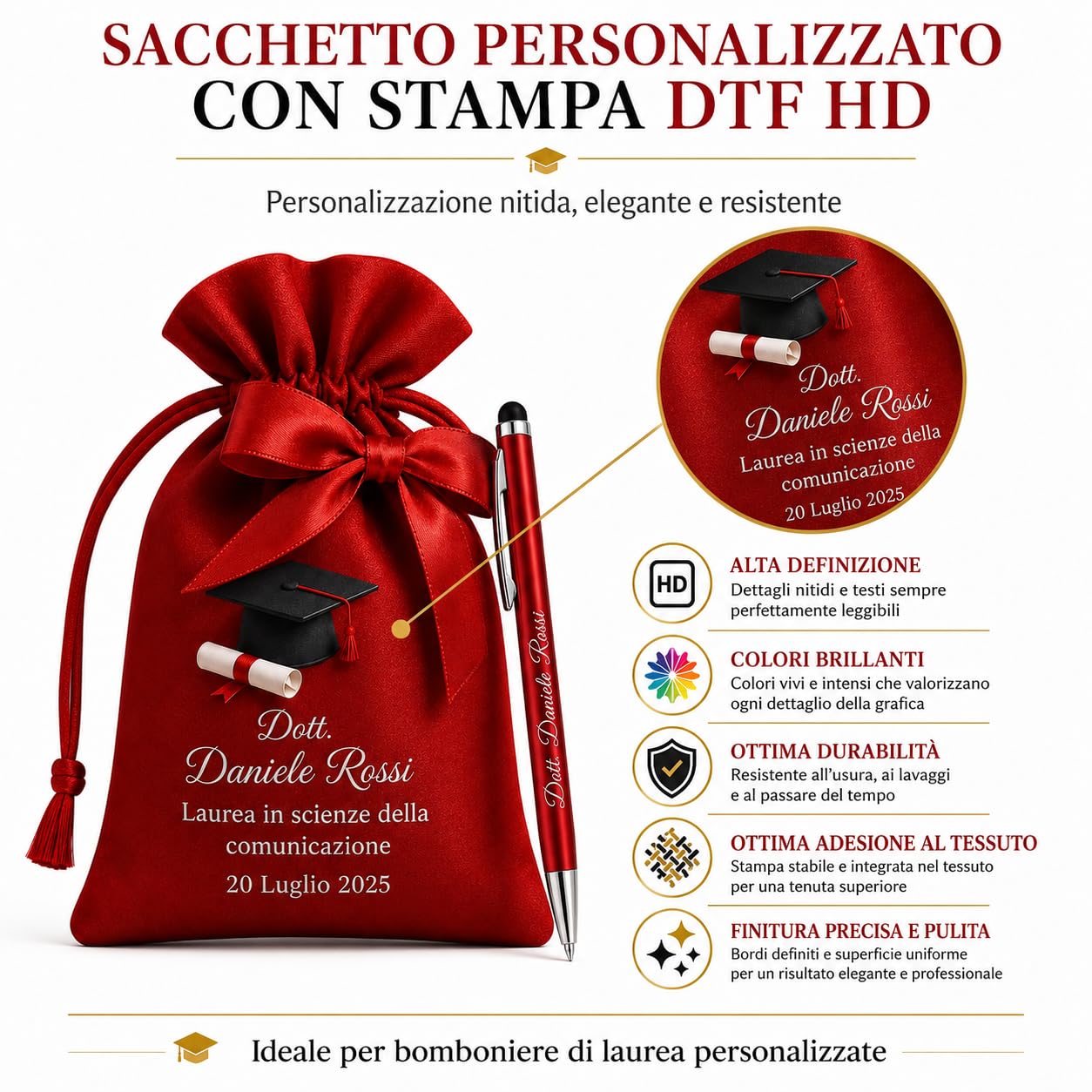 Cormar Kit Bomboniere Laurea Personalizzate, Rosso, 12 Sacchetti in Raso con 12 Penne Personalizzate, Nome, Facoltà e Data (STILE 3)