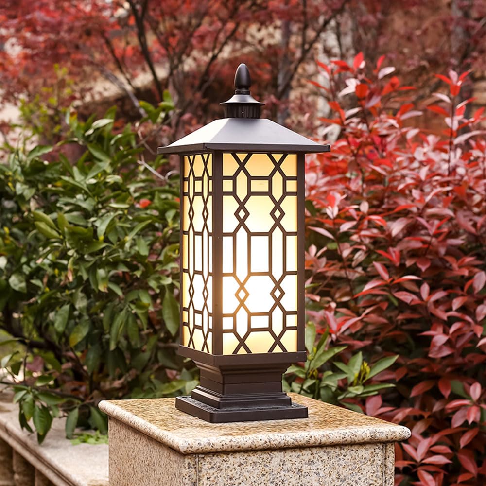 Luz De Pilar Grande De 52 Cm Lámpara De Poste Moderna para Exteriores Baliza Luminosa De Aluminio Fundido con Paneles De Vidrio, Lámpara Exterior De Estilo Chino Vintage con Bombilla E26