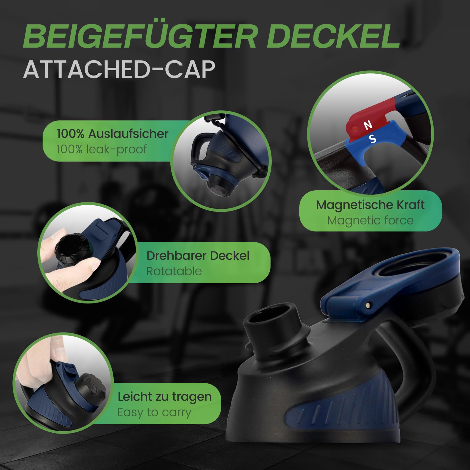 Fjbottle Borraccia Termica Palestra 1900ML - Senza Perdite - Sportiva Bottiglia con tappo magnetico, Borracce acciaio inox Senza BPA per Sport, Campeggio, Yoga