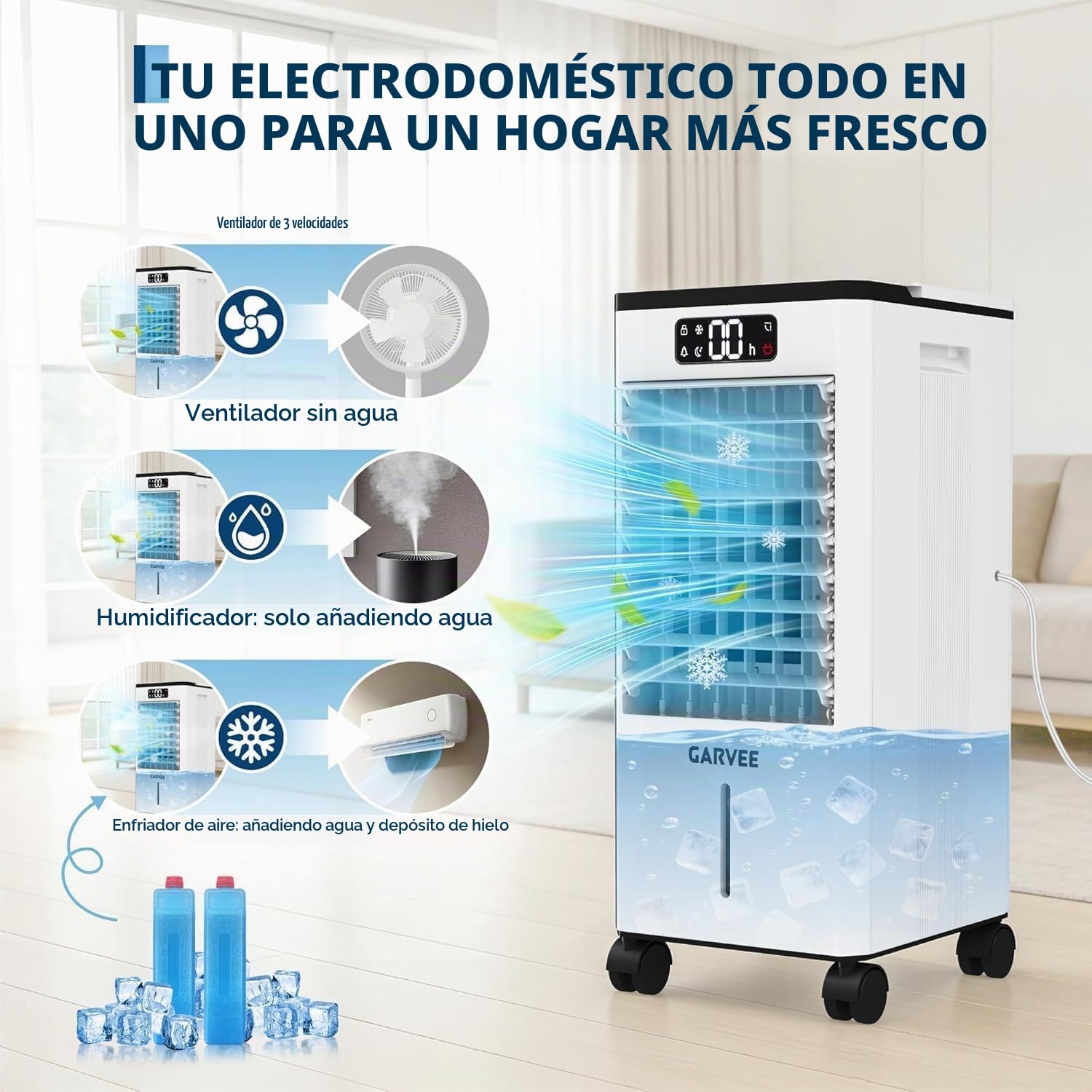 Aire Acondicionado Portatil Ventilador Silencioso 3 en 1, Enfriador de Aire sin Instalacion con 7L Tanque, Oscilación de 120°，Mando a Distancia – Blanco