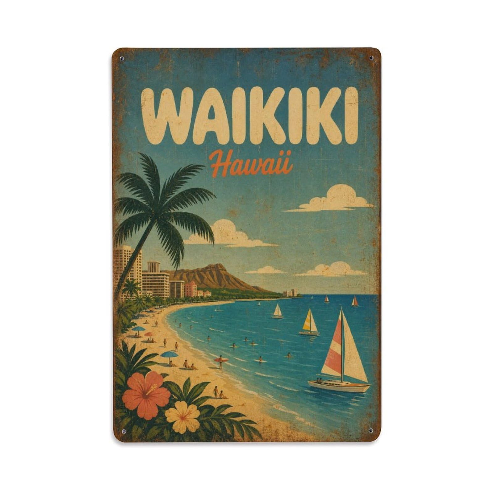 Hawaii Waikiki Ocean Horizon Island Vintage Travel Metal Tin Sign
