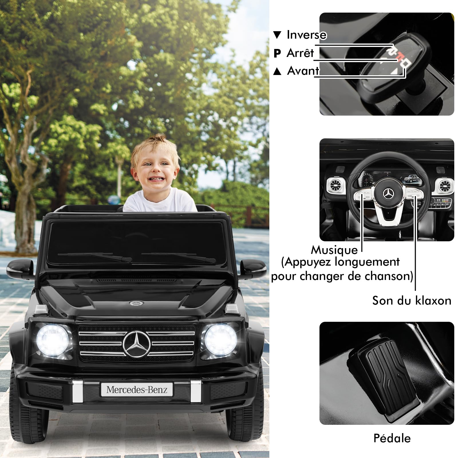 GOPLUS 12V Voiture Électrique Enfants Mercedes Benz G500, avec Télécommande 2,4G, Effets Sonores Lumineux & Klaxon, 3-6 kmh, Style Classique pour 3 Ans+, Charge 30kg (Noir)