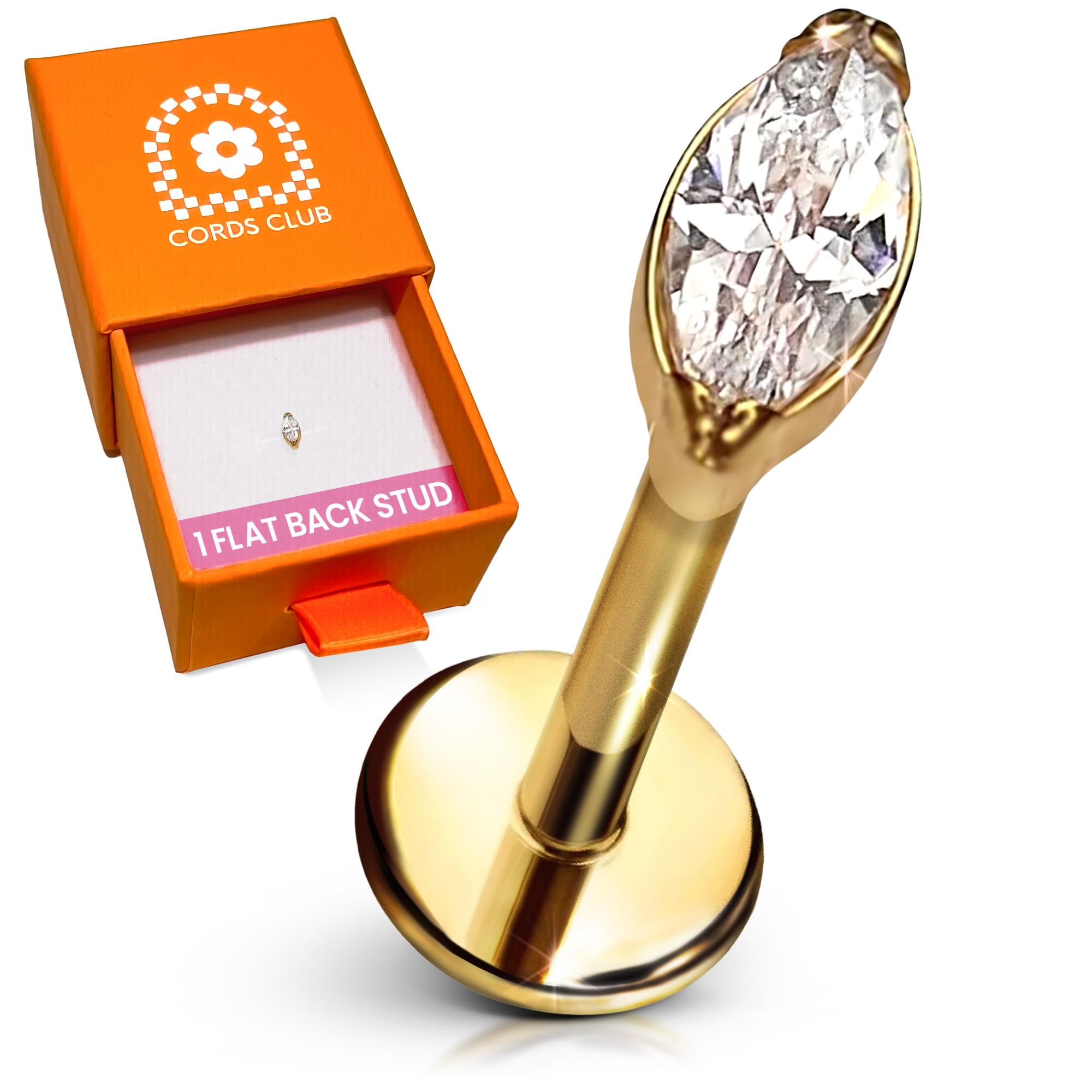 Cords Club Marquise Flat Back Stud – ASTM-F136 Implant Grade Titanium - Push Pin Design for Sensitive Ears – Available in 18K Gold Plated & Titanium