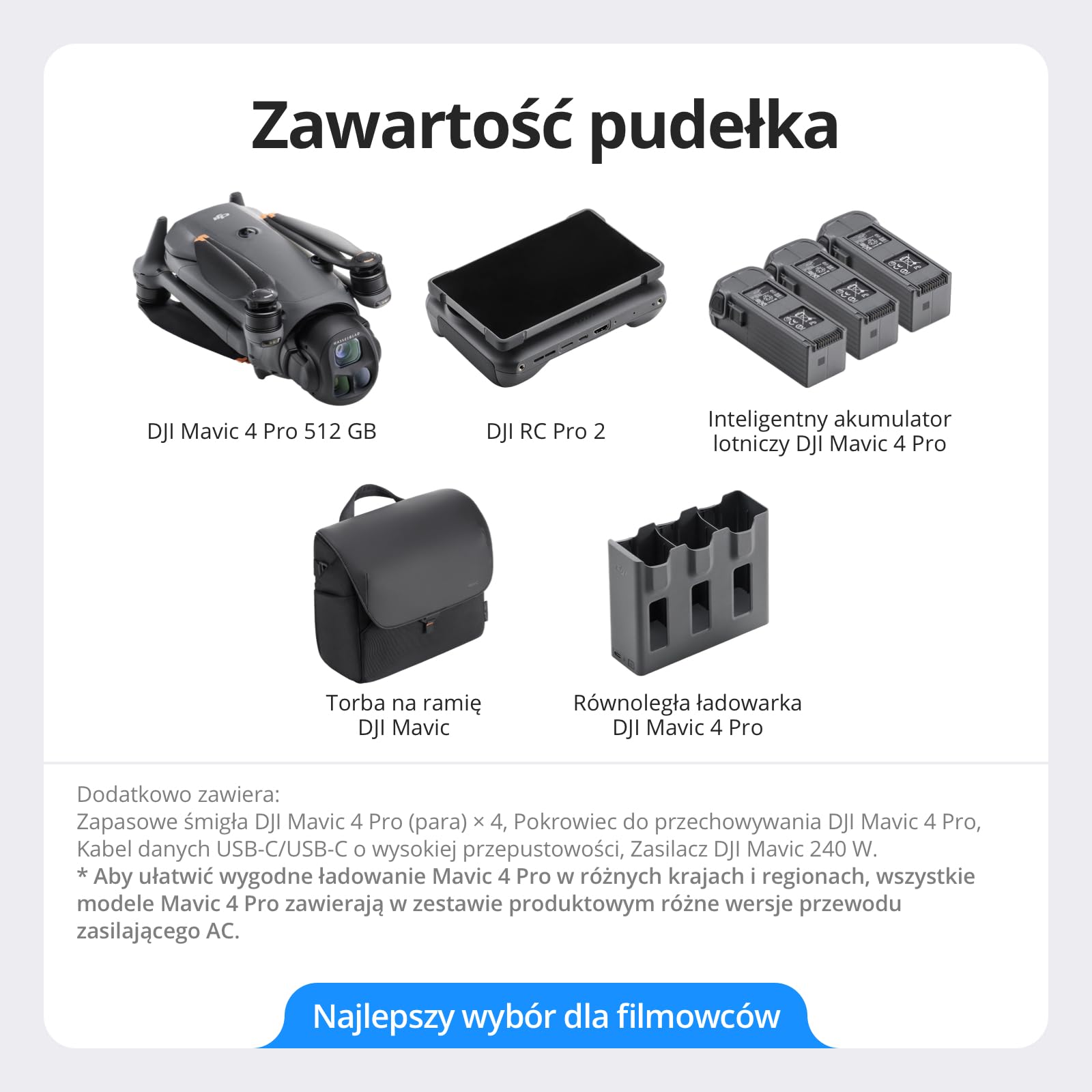 DJI Mavic 4 Pro 512 GB Creator Combo z DJI RC Pro 2, flagowy dron trójkamerowy z kamerą Hasselblad CMOS 100 MP 4/3, maksymalny czas lotu 51 minut, trzema bateriami, koncentratorem ładowania i nie | Flagowa kamera Hasselblad 100MP 4/3 CMOS, maksymalny czas