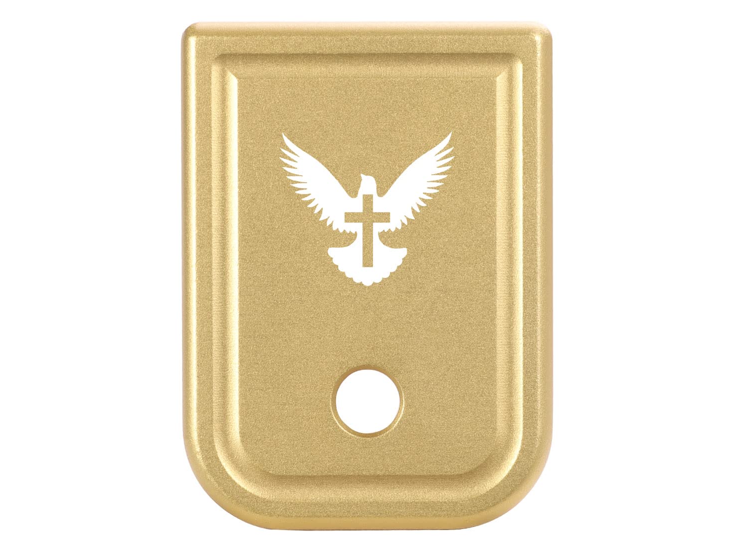 NDZ Performance Magazine Base Plate for Glock 17 19 19X 22 23 24 26 27 31 32 33 34 35 37 38 39 45 Gen 1-4 9MM .40 S&W Laser Engraved Anodized Aluminum in TrueGold - Bible Dove Cross