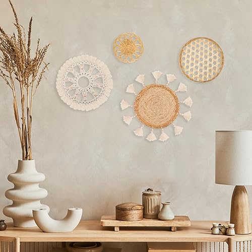Miniatura 5 de Juego de 4 cestas de pared bohemias, cesta tejida plana, decoración para colgar en la pared, borlas redondas, tapiz de macramé blanco, arte de