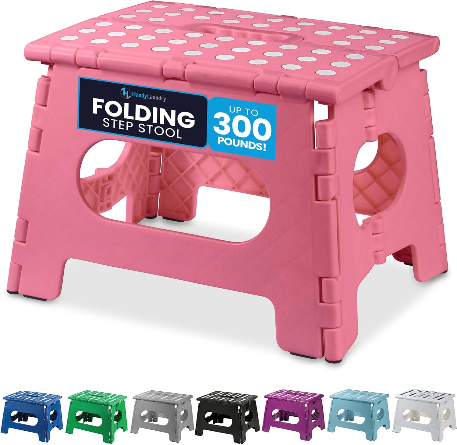 Handy Laundry 9-Inch Folding Step Stool Pink - Lightweight 300lb Capacity, Kid-Safe One-Flip Open for Kitchen Bathroom Bedroom