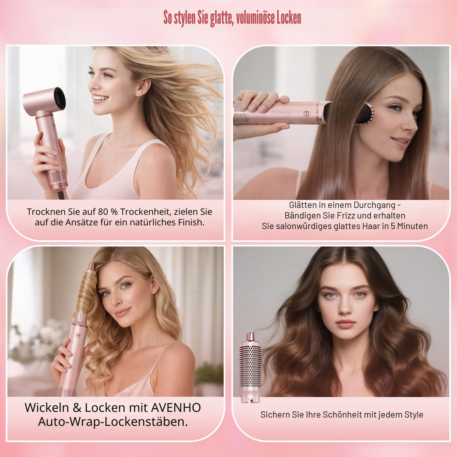 5 in 1 Warmluftbürste, Hairstyler Föhnbürste Volumen Lockenstab | Rundbürstenföhn, Warmluftbürste & Lockenstab – für Glätten, Trocknen, Volumen & Locken-Blush