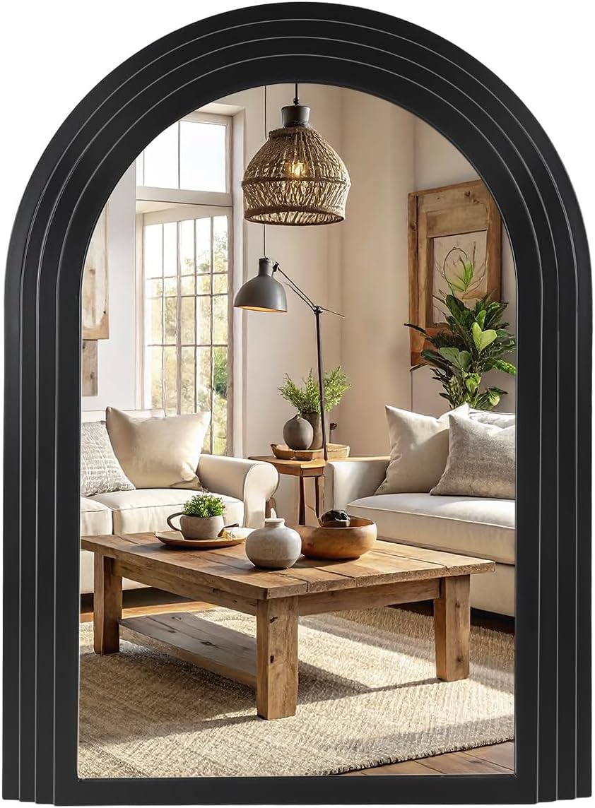 Arched Decorative Wall Mirror, Farmhouse Wall Mirror with Multilayers Wood Frame,Vintage Black Bathroom Mirrors for Bathroom, Living Room,Bedroom, Entryway, Hallway,Foyer