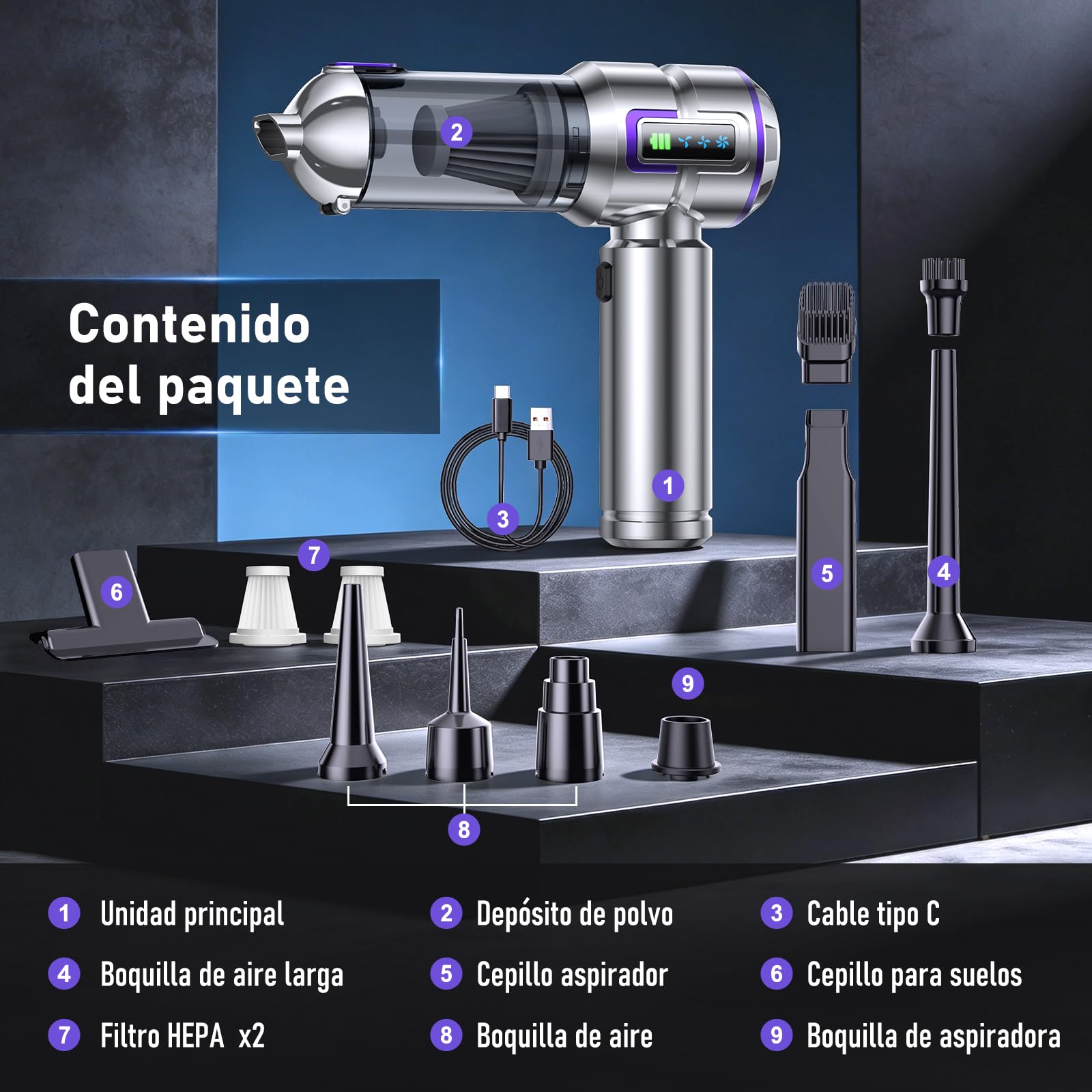 Aspiradora de Mano, 28000Pa Aspiradora sin Cable con Pantalla, 4-en-1 Aspiradora para Coche y 1 Toque, Auto-Aspirador con Motor sin Escobillas y 3 Velocidades para Casa/Oficina/Coche/Pelos, Plateado